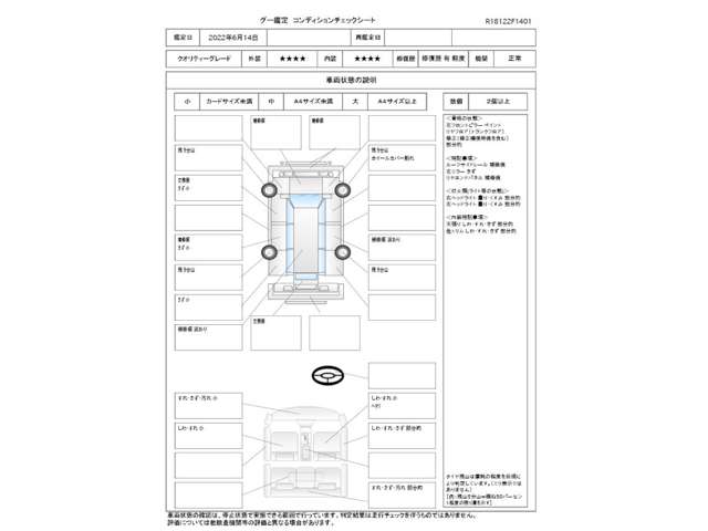 この車の鑑定証の評価点は5点評価の外装が4点、内装が4点です。なお日本自動車鑑定協会会員のJAAA鑑定書は車内にあります。