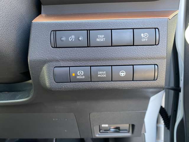 ダッシュボード右下には、タイマー充電スイッチとメーター内トリップリセットスイッチ．メーター内明るさ調整スイッチ・ハンドル支援スイッチ・Ｄモードスイッチ・オートホールドキャンセルスイッチが並んでます。