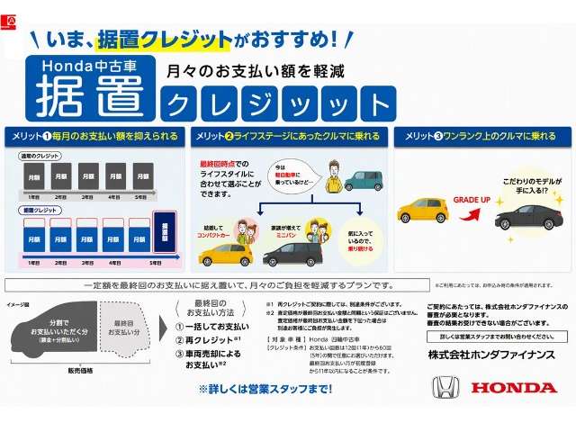 好評の据置クレジット対象車です！最終回の支払額を任意で設定することで、月々の返済額をお客様の希望に合わせることが可能です！