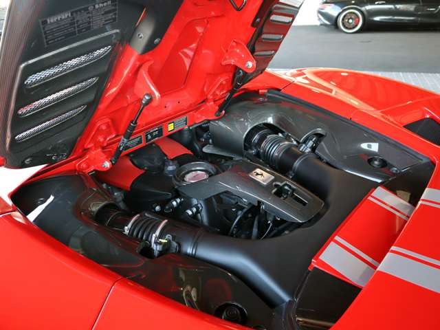 ◆カーボンファイバーエンジンカバー ◆3.9L V型8気筒DOHCエンジン+ターボ ◆720ps/78,5kgm(カタログ値)