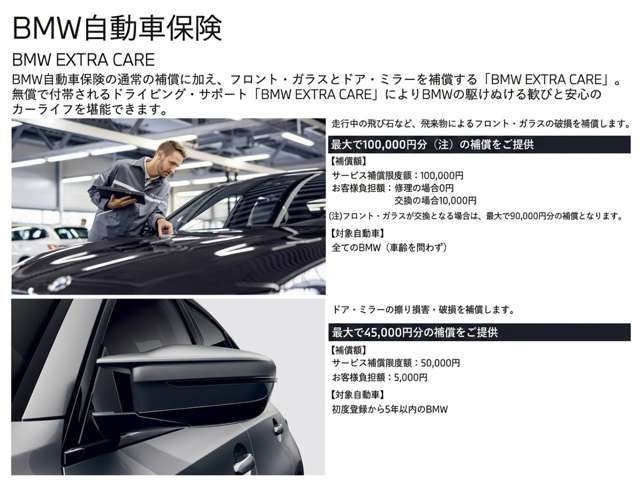 BMW�����ԕی��̒ʏ�̕⏞�ɉ����A�t�����g�K���X�ƃh�A�~���[��⏞����uBMW EXTRA CARE�v�B�����ŕt�т����h���C�r���O�T�|�[�g�uBMW EXTRA CARE�v�ɂ��BMW�̋삯�ʂ��銽�тƈ��S�̃J�[���C�t�����\�ł��܂�