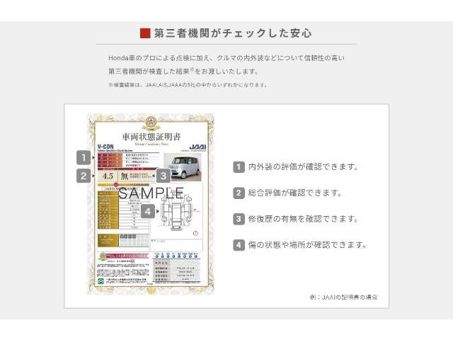 【U-Select・第三者機関がチェックした安心】Honda車のプロによる点検に加え、クルマの内外装などについて信頼性の高い第三者機関が検査した結果をお渡しいたします。