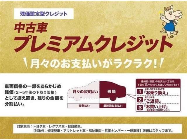 月々のお支払いがラクラクの残価設定型クレジットの『中古車プレミアムクレジット』最終回ではお乗換・ご返却・お買上げの３つのプランか選択！是非、残価プランをご検討ください