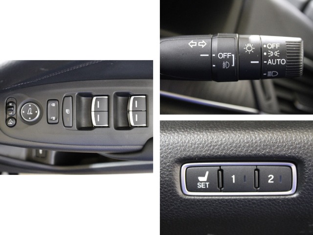 ドアスイッチパネルには電動格納ミラー・ミラーコントローラー、パワーウインドウ・ドアロック集中スイッチを配置、オートライトを装備しています。前席にはパワーシートを装備しています。