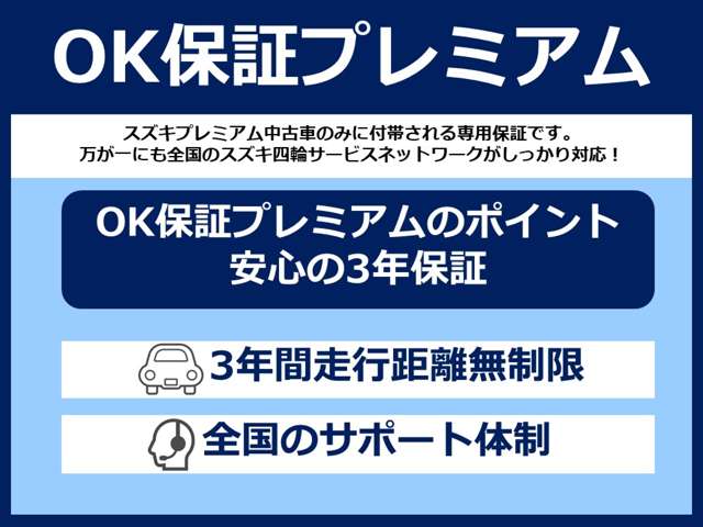 「スズキプレミアム認定中古車」は、「スズキ独自の基準をクリアした内外装仕上げ」、「車両状態が一目でわかる車両状態証明書」、「安心の３年保証」の３つの安心をお客様にお届けする、特別な中古車です。