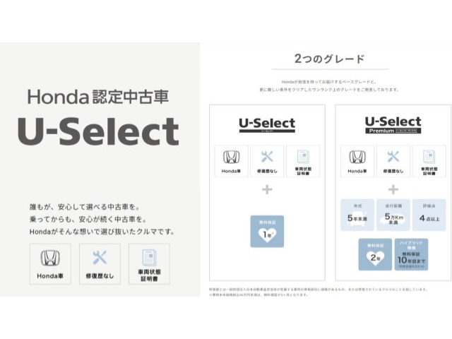 【U-Select・2つのグレード】Hondaが自信を持ってお届けするベースグレードと、更に厳しい条件をクリアしたグレードをご用意しております。