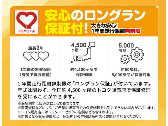 ロングラン保証付き。トヨタのお店で中古車をお買い上げいただいたお客様に安心で快適なカーライフをお約束する。1年間の保証です。