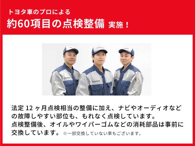 法定１２ヶ月点検相当の整備に加え、ナビやオーディオなどの故障しやすい部位も、点検しています。　点検整備後、オイルやワイパーゴムなどの消耗部品は事前に交換しています。　※一部交換していない車も有