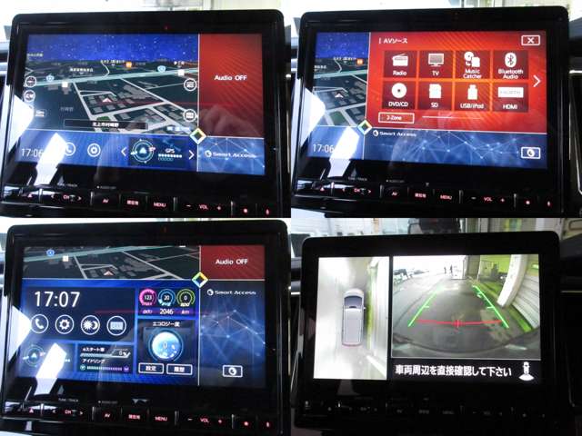 【カーナビ】フルセグTV対応！CD・DVD再生・Bluetooth接続も可能です♪車体の前後左右を映し出す全方位モニターで駐車場の枠線の確認や、運転席から見えにくい左前輪付近もモニターで確認できるので安心です♪