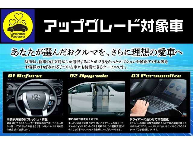 新車の注文時にしか選択できなかった装備や純正アイテムなどの取り付けや運転支援システムなどのソフトウェアを最新にアップグレードができます。アップグレードサービスの詳細は、店舗スタッフにおたずねください。