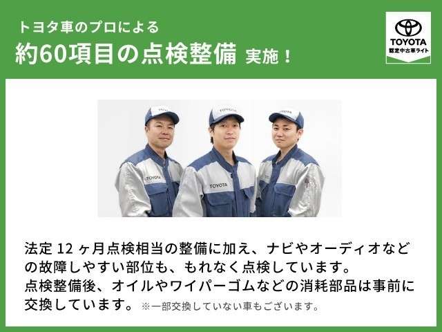 法定12か月点検相当の整備に加え、もれなく点検しています。点検整備後、オイルやワイパーゴムなどの消耗部品は事前に交換しています。※一部交換していない車もございます。