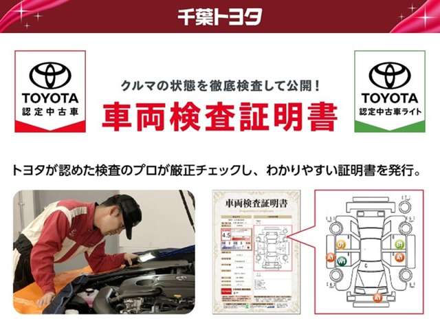 中古車は１台ずつコンディションが違います。トヨタでは中古車の総合点数や内外装の状態などをひと目で分かるよう、プロの検査員が実施した車両検査証明書をご用意しています。