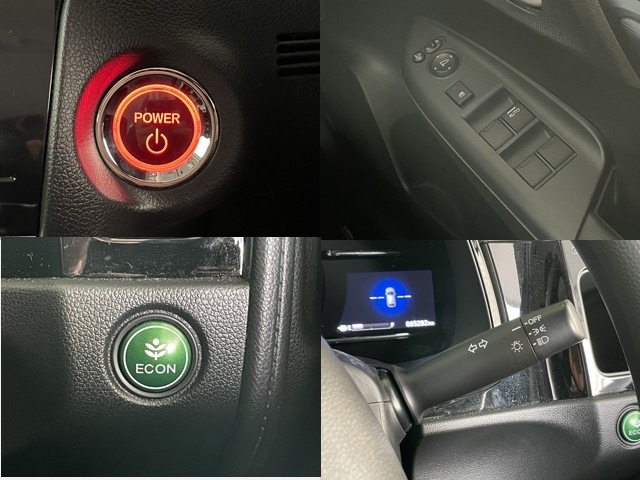 快適４機能を紹介します！左上ボタン一つでエンジンが始動します！左下ECONスイッチです。クルマ全体の動きを低燃費モードになります♪右下オートライトも装備しているんです！暗くなったら、自動でライトON！