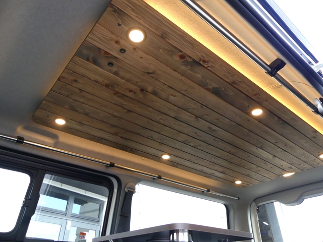 間接照明付き天井ウッドパネル エボニー材使用で温かみのある車内空間
