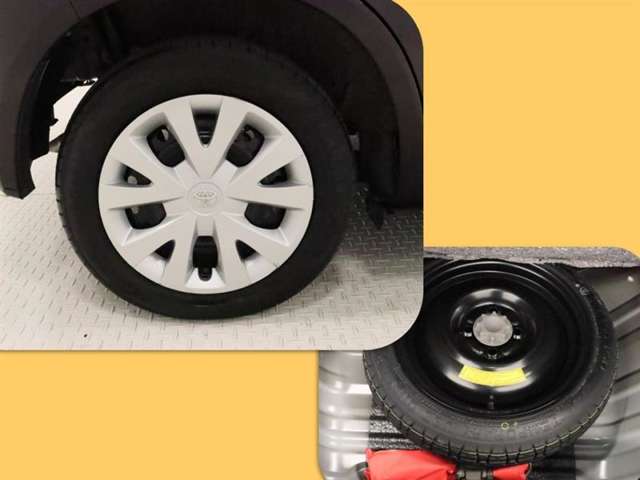 タイヤサイズは１６５／６５Ｒ１４！残り溝は６ミリ程度です！スペアタイヤも付いて、パンクや不測の事態が起きても安心です！