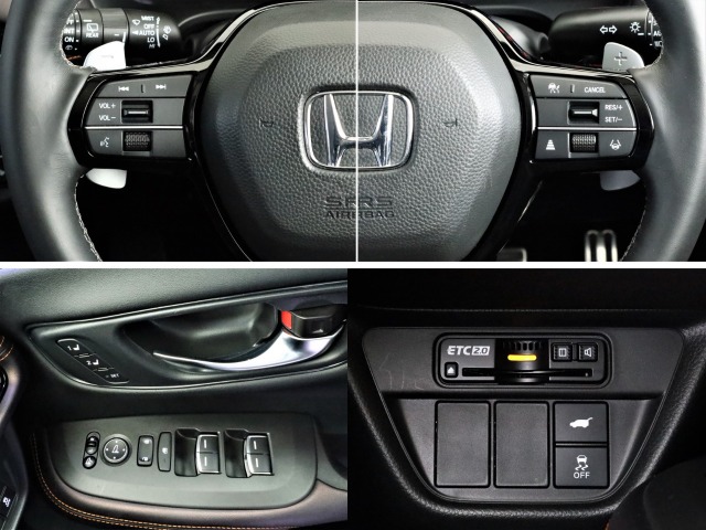 ZR-Vの運転席回りの各種スイッチ群です。上部にホンダセンシングのスイッチ群が並びます。ETC車載器この位置にビルトインされています。シートポジション記憶スイッチも付いています。