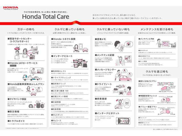 Honda Total Careのご加入をお勧めいたします。24時間365日、愛車の安心サポートが受けれます！！ ★会員登録無料★ホンダ車以外のお車でもご加入頂けます！ ご加入手続きはスタッフにお声掛けください。
