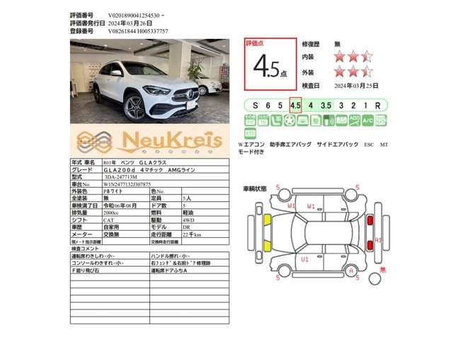 第三者検査専門機関ＡＩＳによる厳正な車両検査を受けており車両品質評価書も発行されます。