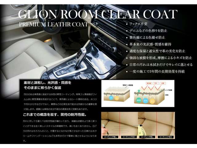 ルームクリアコートが愛車の室内を美しいまま保護します。ルームクリアコートは深く浸透して定着するので汚れの付着を大幅に軽減できます。汚れた場合でも簡単に落とせるようになります。