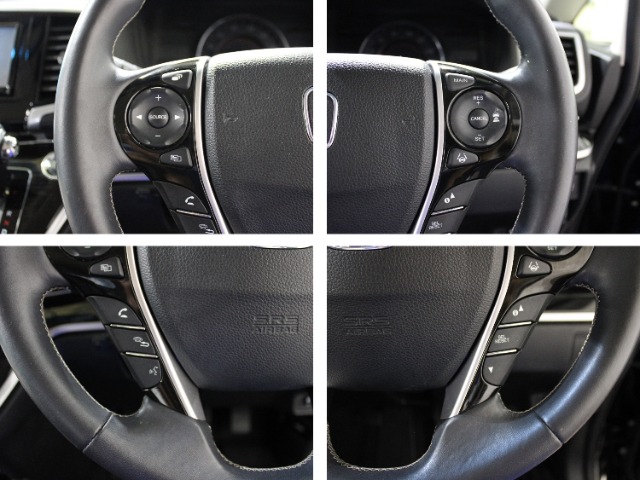 ホンダセンシングの３種類のセンサーが安全運転をサポート！ハンドル右側には運転サポート、情報・ディスプレー関係、左側にはナビ、クルーズコントロール、オーディオ関連スイッチが配置されています。